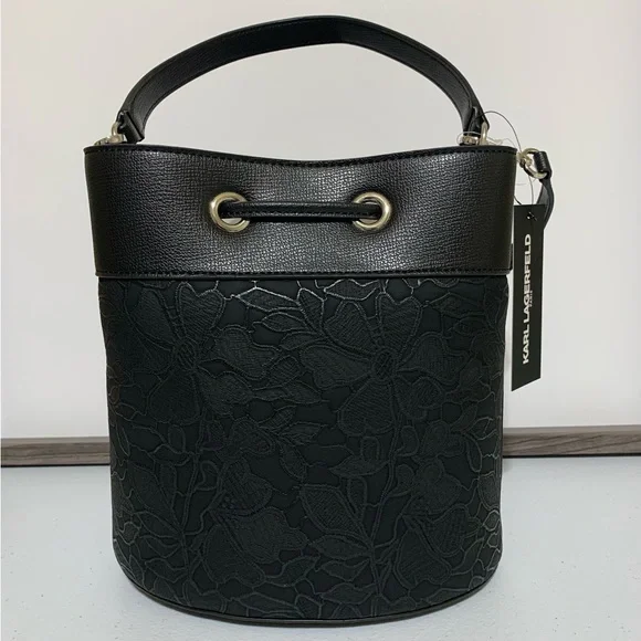 Karl Lagerfeld Paris™ Black Lace Embossed Maybelle Adele Bucket Bag-NWT